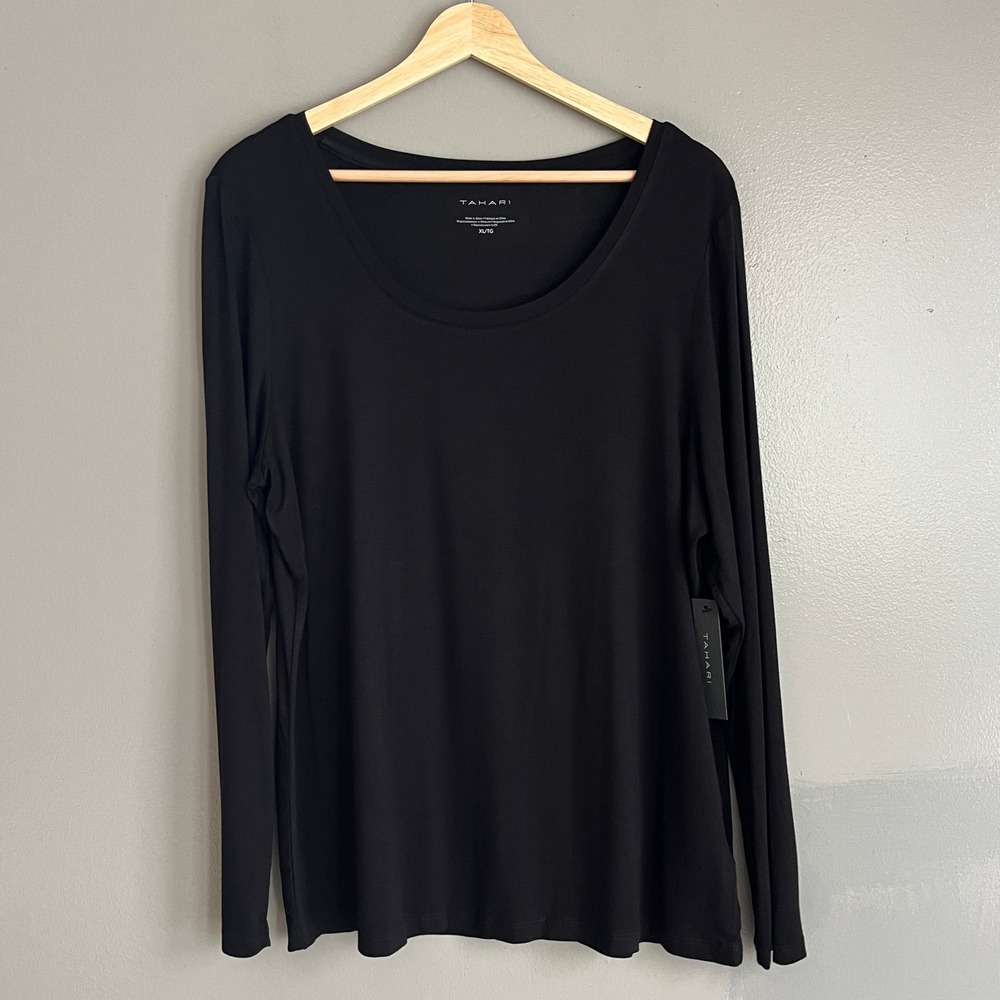 Tahari Top Womens XL Black Long Sleeve Scoop Neck Rayon Stretch Basic Minimalist